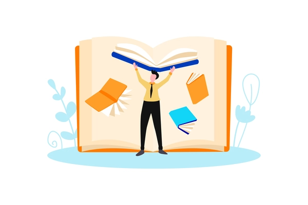 Online library composition with male human character throwing books in air vector illustration