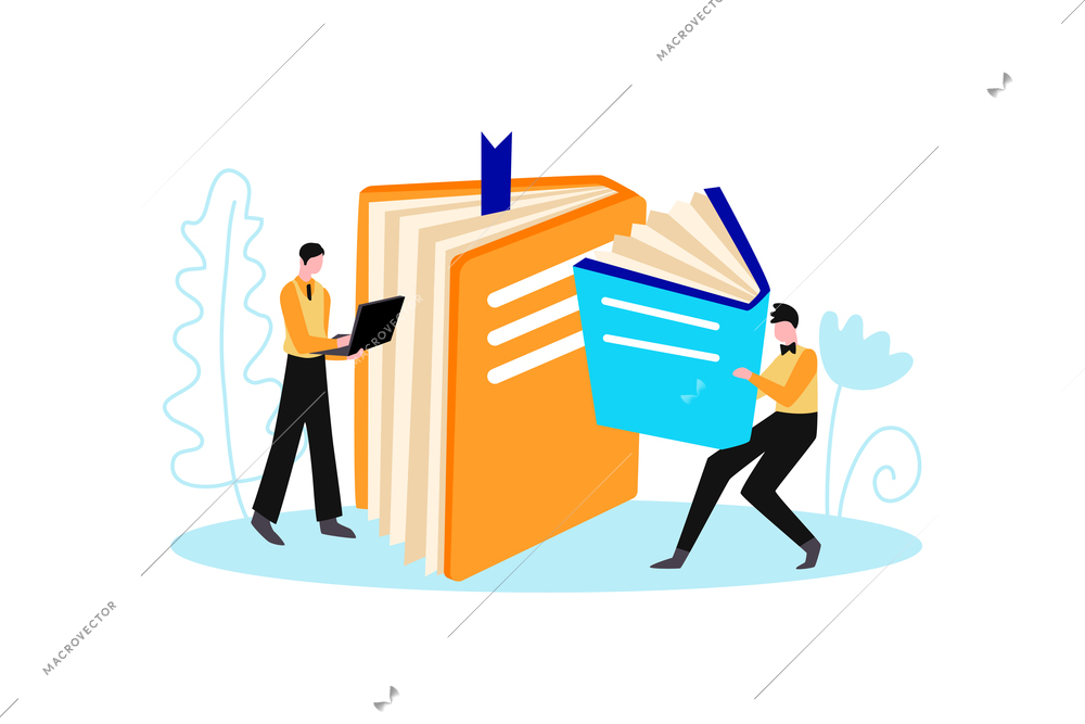 Online library composition with human characters moving huge books vector illustration