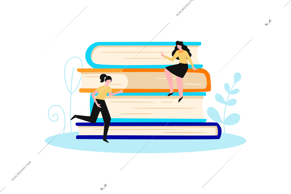 Online library composition with people and stack of huge books vector illustration