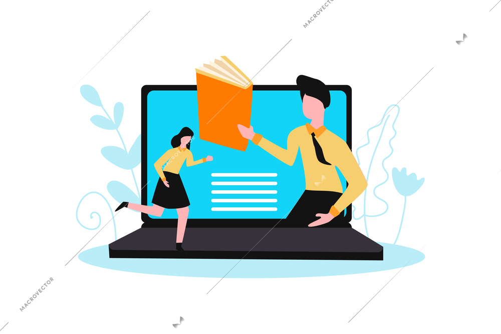 Online library composition with human characters holding books inside laptop screen vector illustration