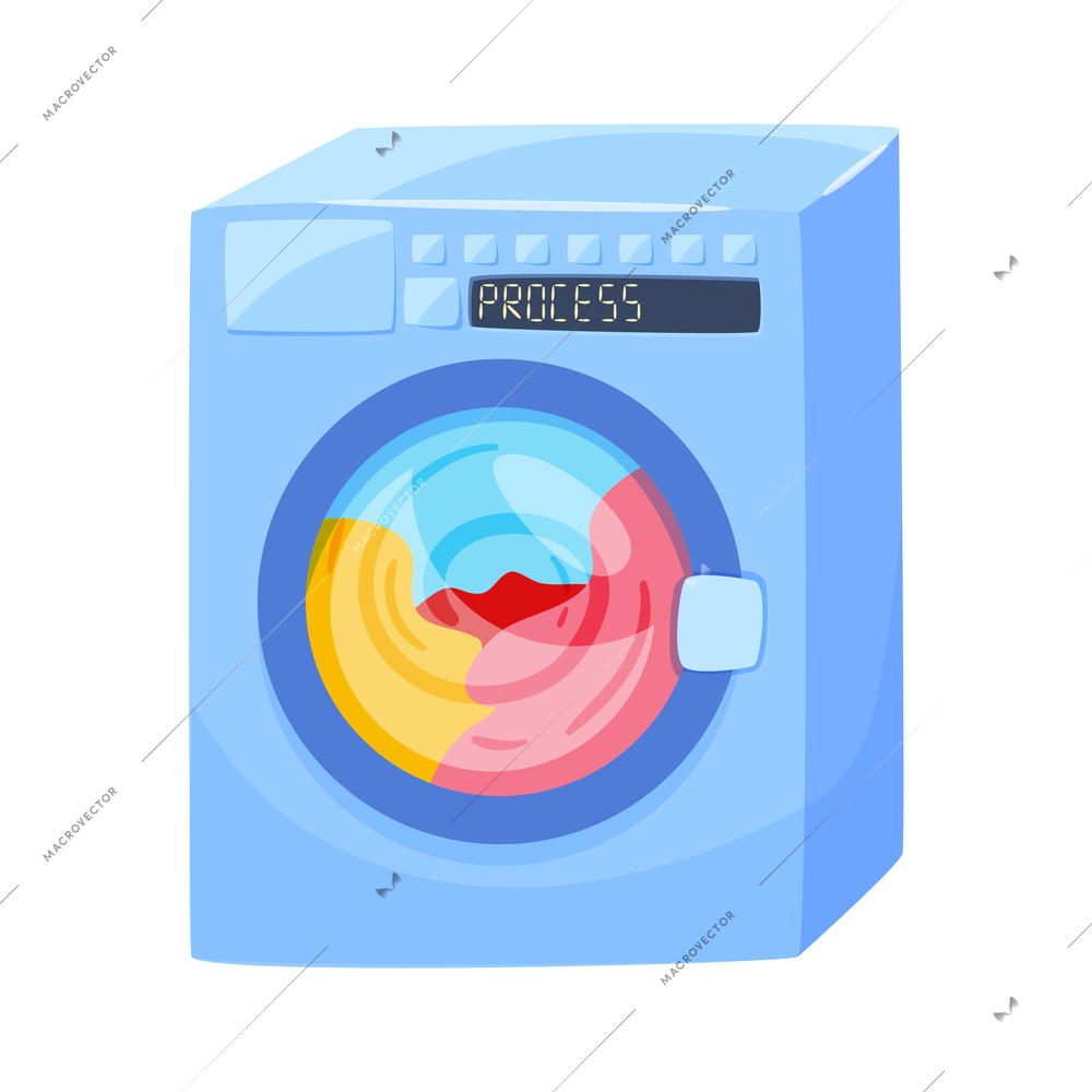 Dirty clean clothing laundry wash composition with isolated image of washing machine under operation vector illustration