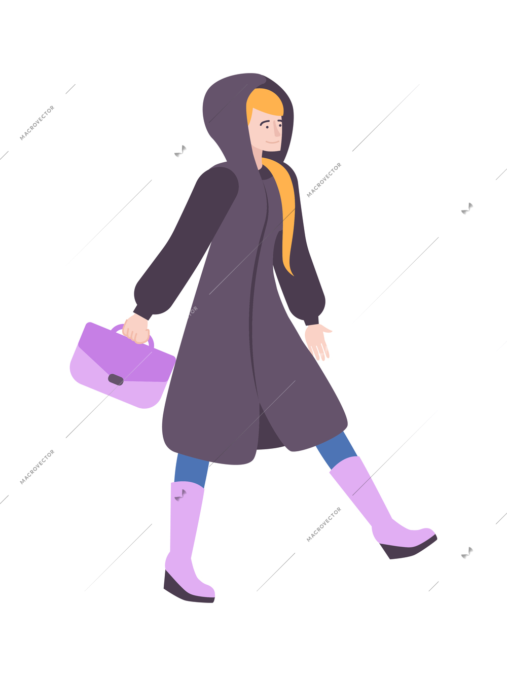 Fur coat flat composition with character of walking woman wearing warm coat with purple bag vector illustration