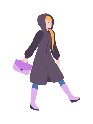 Fur coat flat composition with character of walking woman wearing warm coat with purple bag vector illustration