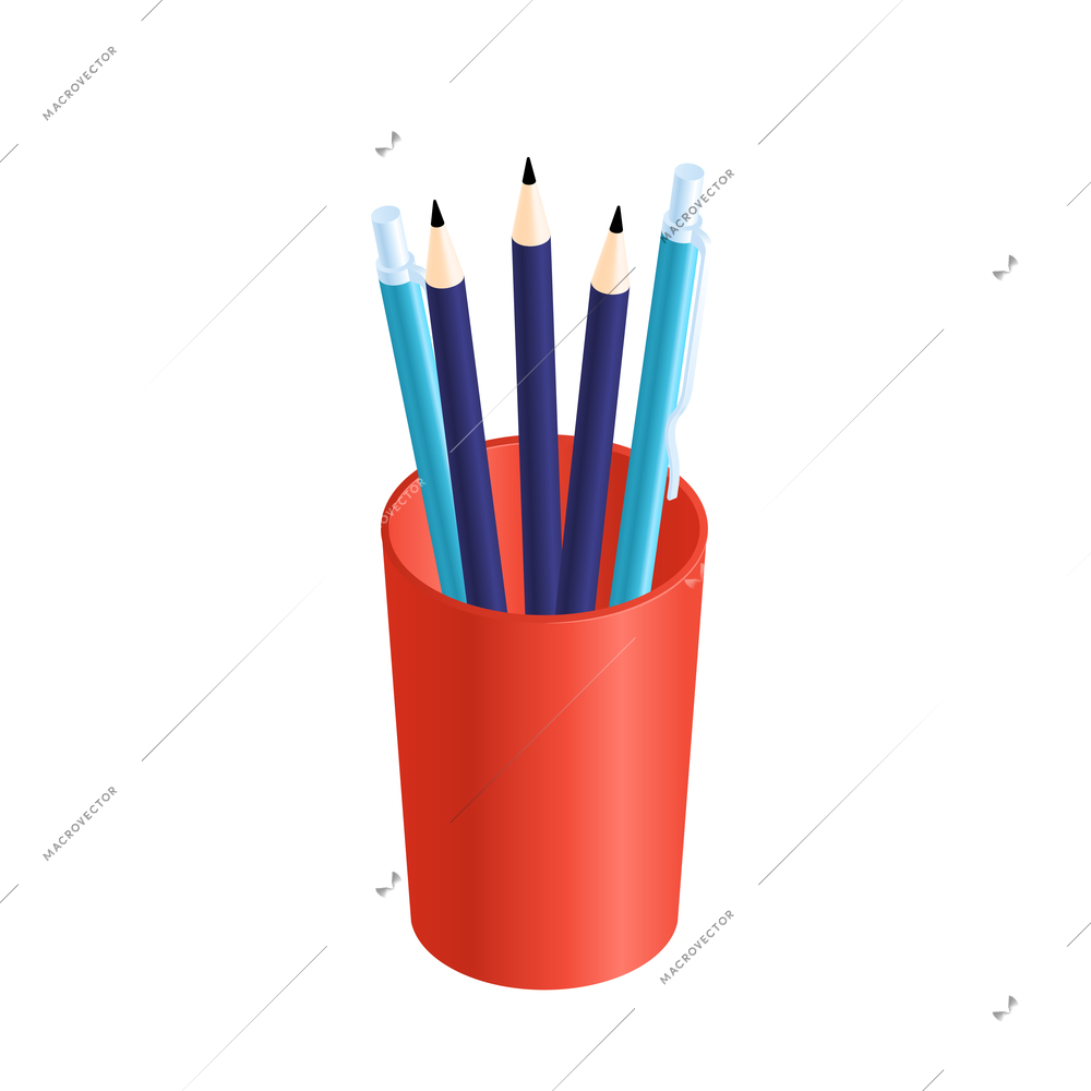 Isometric graduation diploma academic composition with isolated image of bucket with pencils and pens vector illustration