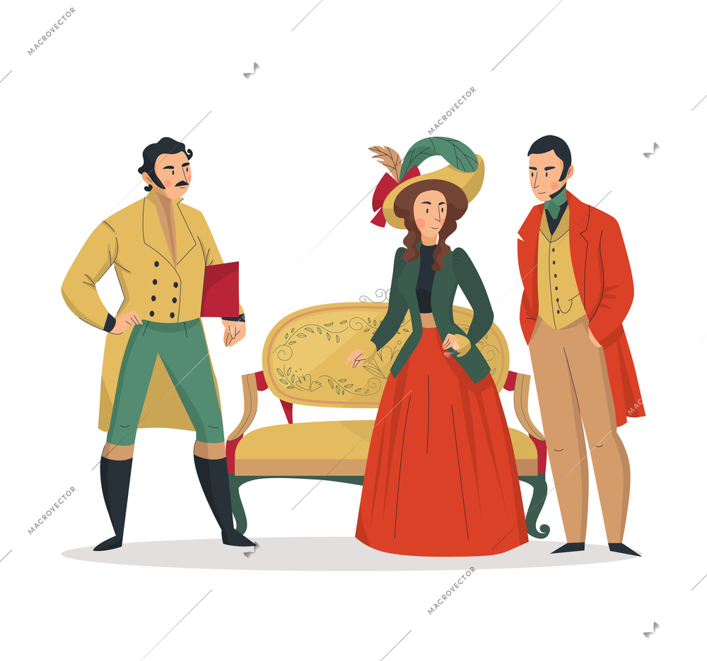 18th 19th century old town fashion composition with human characters of aristocratic people vector illustration