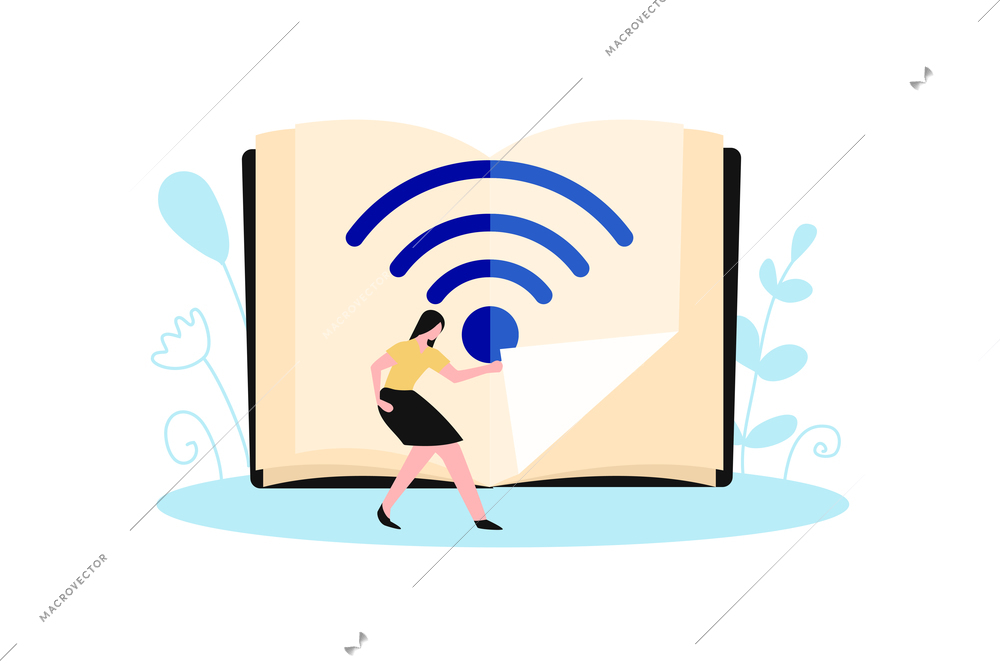 Online library composition with female character and opened book with wireless connection sign vector illustration