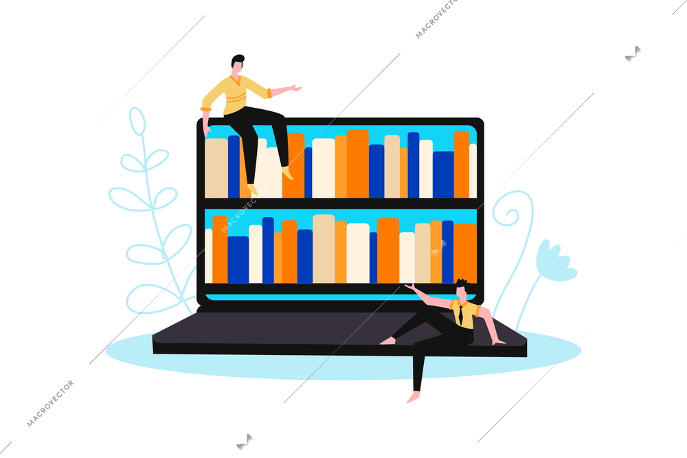 Online library composition with human characters and laptop with bookshelves on screen vector illustration