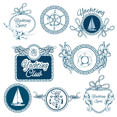 Yachting sea travel and sport sketch emblems set with rope frames isolated vector illustration