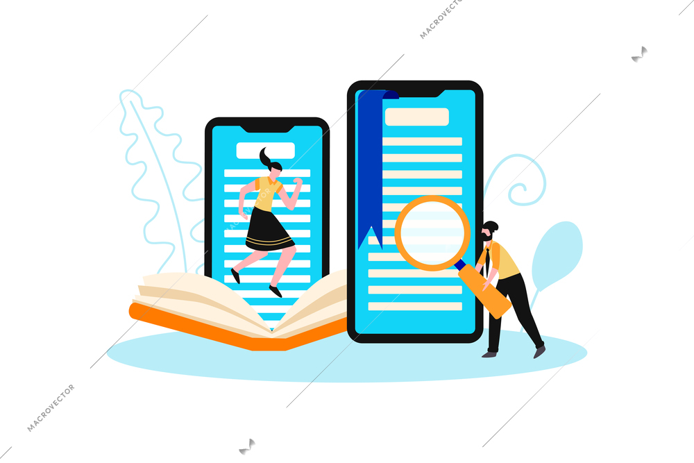 Online library composition with human characters riding books with smartphones and hand glass vector illustration