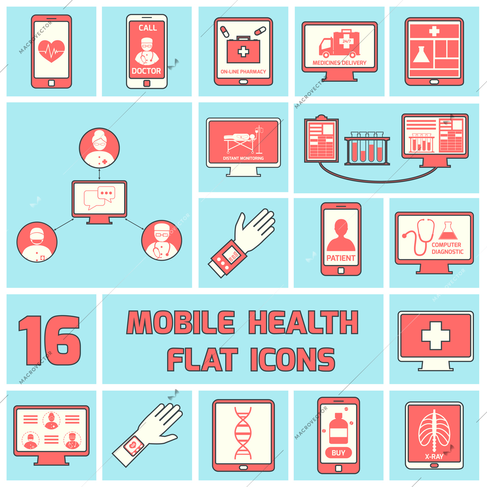 Mobile health call doctor online pharmacy icons flat line set isolated vector illustration