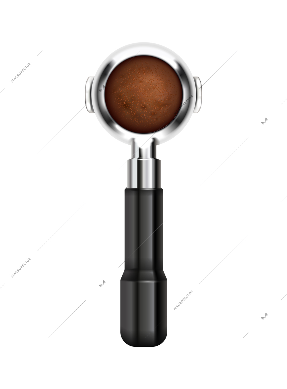 Barista coffee equipment realistic composition with isolated image of portafilter with coffee powder vector illustration