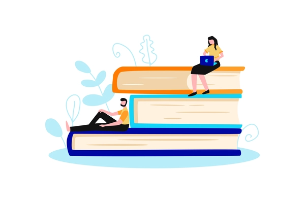 Online library composition with human characters lying on stack of huge books vector illustration