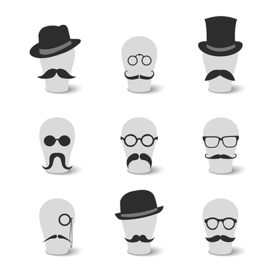 Collection of vintage mustaches hats and glasses on hat-blocks icons isolated vector illustration