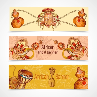 Africa safari ethnic tribal culture travel sketch colored horizontal banner set isolated vector illustration