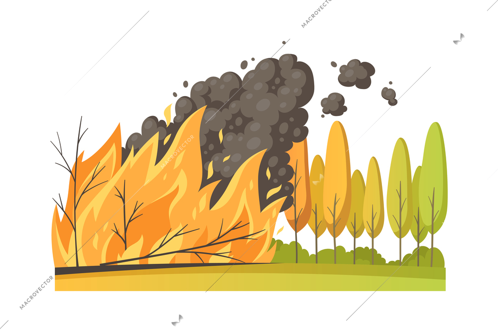 Natural disaster cartoon composition with outdoor scenery and view of forest trees under fire vector illustration