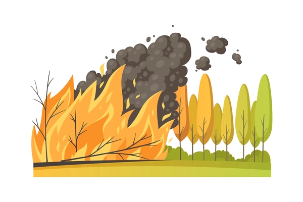 Natural disaster cartoon composition with outdoor scenery and view of forest trees under fire vector illustration