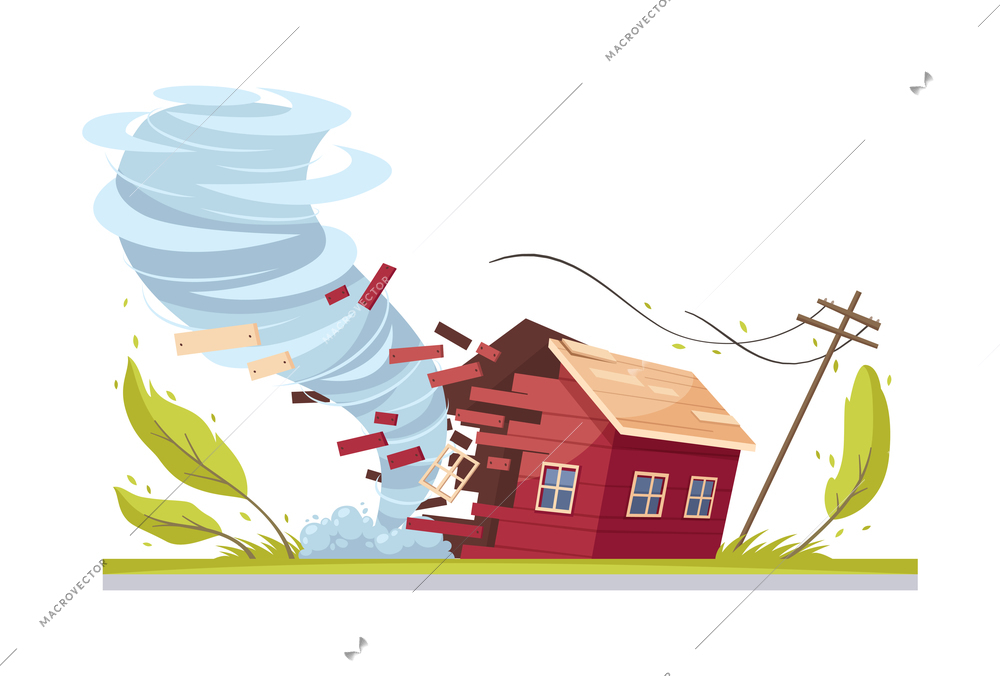 Natural disaster cartoon composition with typhoon vortex destroying living house vector illustration