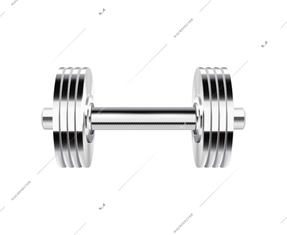 Barbells dumbbells fitness realistic composition with isolated image of chrome colored dumbbell vector illustration