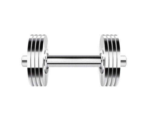 Barbells dumbbells fitness realistic composition with isolated image of chrome colored dumbbell vector illustration