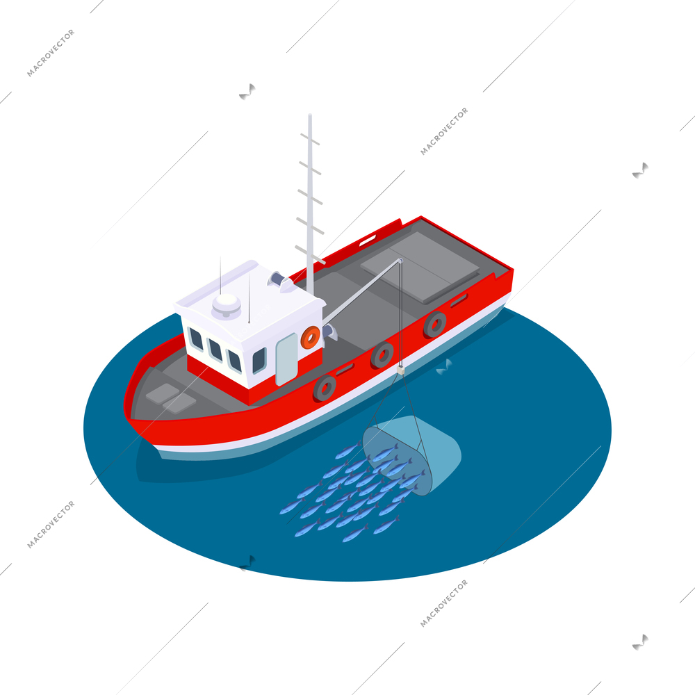 Fish industry seafood production isometric composition with isolated image of fishing boat releasing fishes into the wild vector illustration