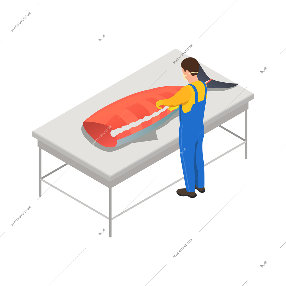 Fish industry seafood production isometric composition with isolated image of salmon fillet with character of worker vector illustration