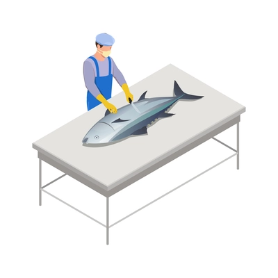 Fish industry seafood production isometric composition with character of worker ripping huge fish on table vector illustration