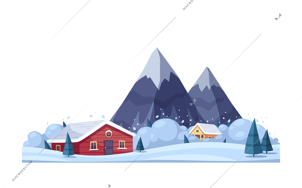 Natural disaster cartoon composition with snowy landscape houses and mountains with avalanche vector illustration