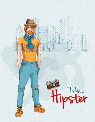 Hipster boy young man colored sketch character with city background vector illustration