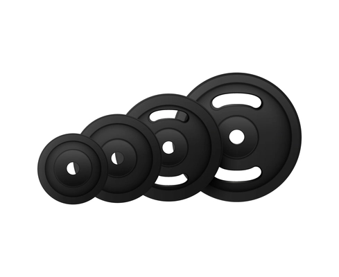 Barbells dumbbells fitness realistic composition with set of circle dumbbells of different size and weight vector illustration