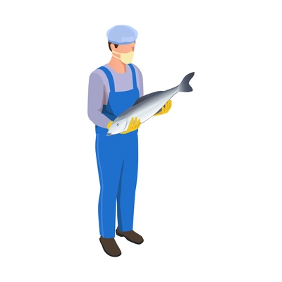 Fish industry seafood production isometric composition with isolated character of factory worker holding fish vector illustration