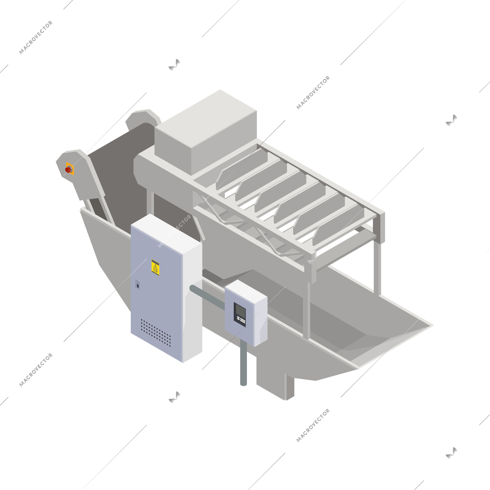 Fish industry seafood production isometric composition with isolated image of fish conveyor vector illustration