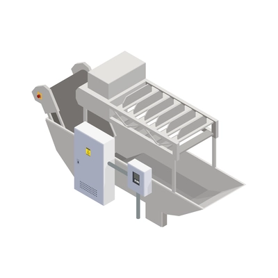 Fish industry seafood production isometric composition with isolated image of fish conveyor vector illustration