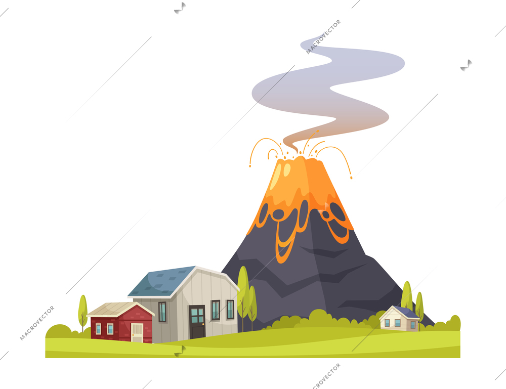 Natural disaster cartoon composition with view of living houses and erupting volcano vector illustration