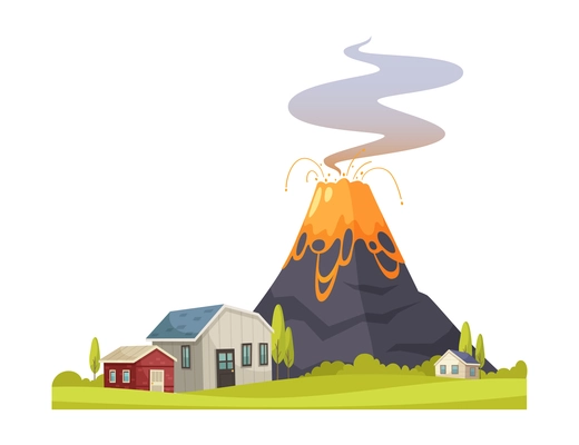 Natural disaster cartoon composition with view of living houses and erupting volcano vector illustration