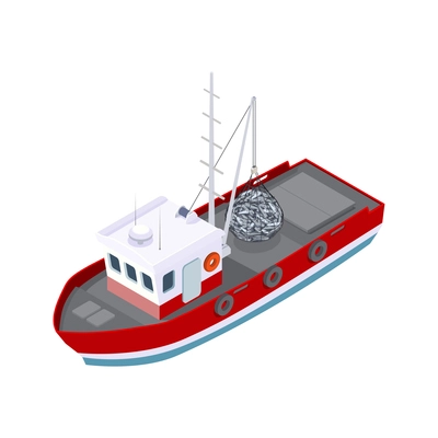 Fish industry seafood production isometric composition with isolated image of fishing boat vector illustration