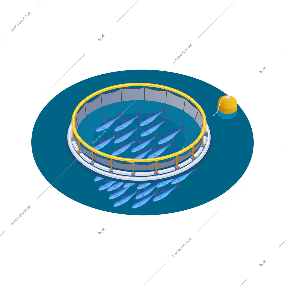 Fish industry seafood production isometric composition with isolated image of fish net circle vector illustration