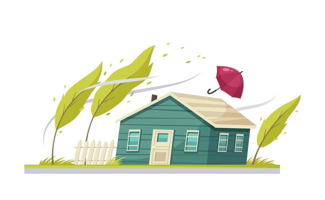 Natural disaster cartoon composition with nodded house trees and umbrella flying in wind vector illustration