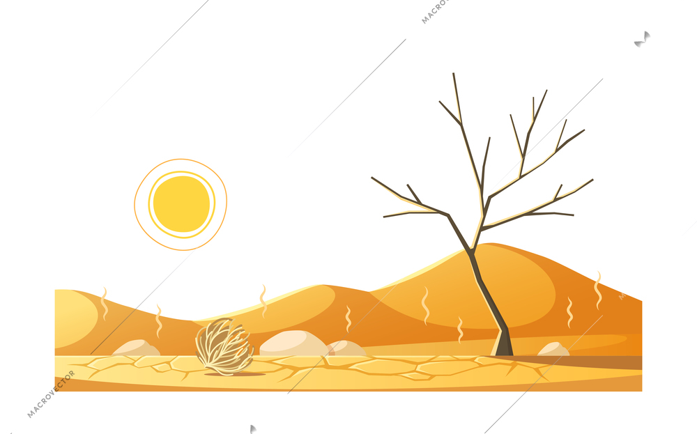 Natural disaster cartoon composition with outdoor landscape with dry tree and hot sands vector illustration