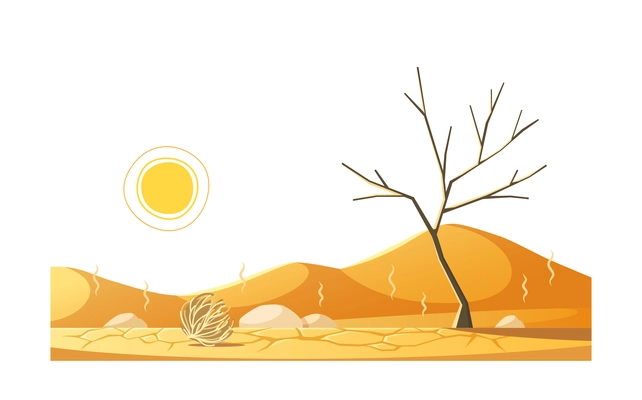 Natural disaster cartoon composition with outdoor landscape with dry tree and hot sands vector illustration