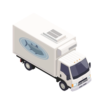 Fish industry seafood production isometric composition with isolated image of fish truck vector illustration