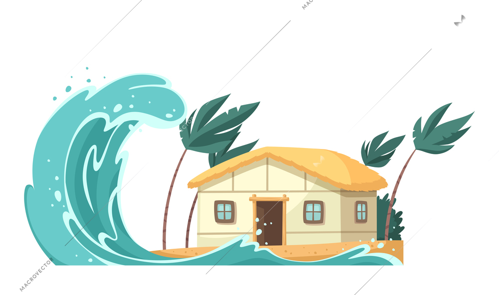 Natural disaster cartoon composition with view of house under tsunami strike vector illustration