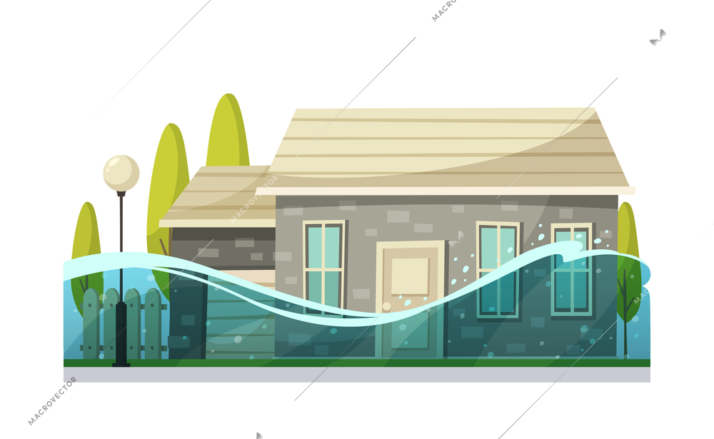 Natural disaster cartoon composition with view of street flooded with water vector illustration