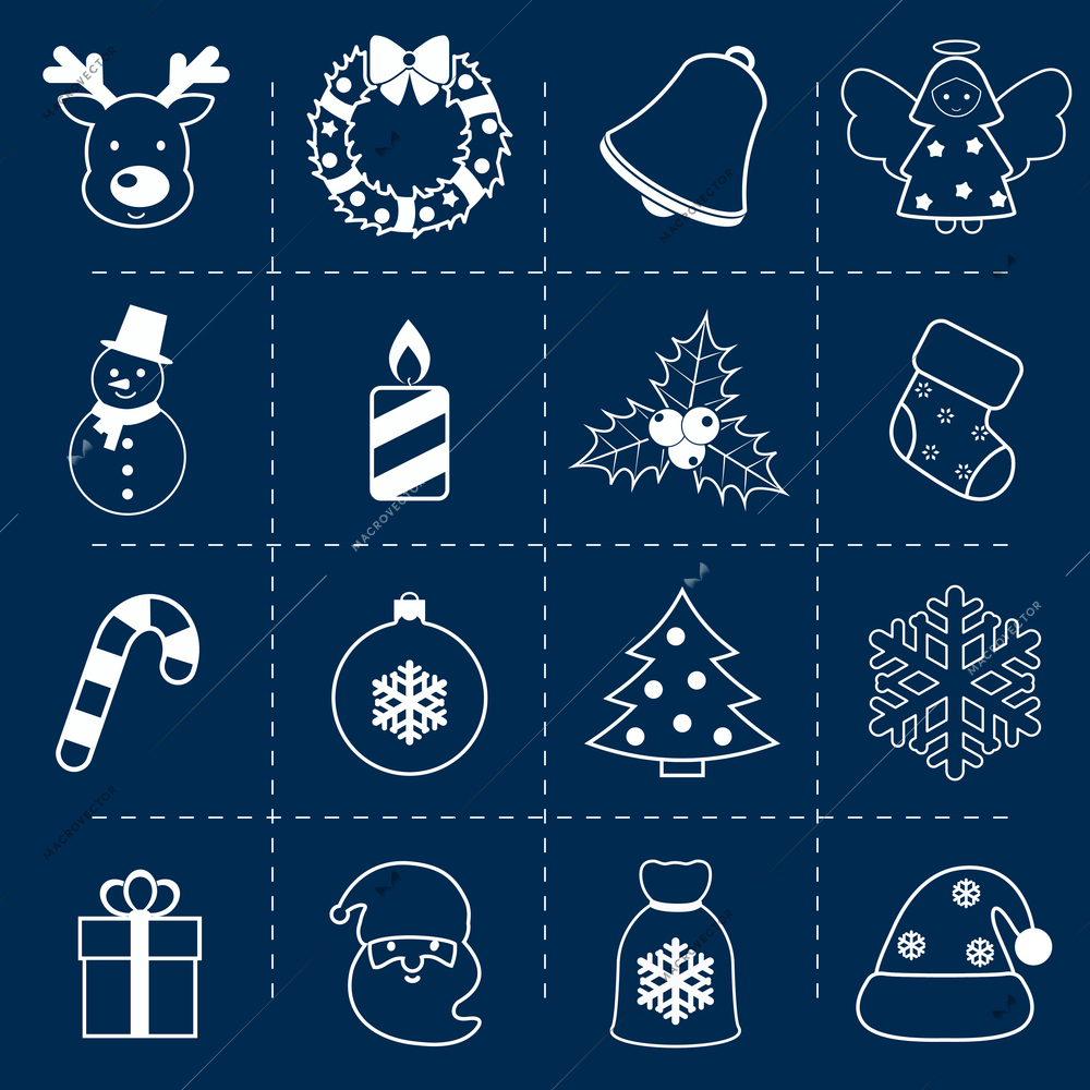 Christmas holiday decoration outline icons set with deer wreath bell angel isolated vector illustration