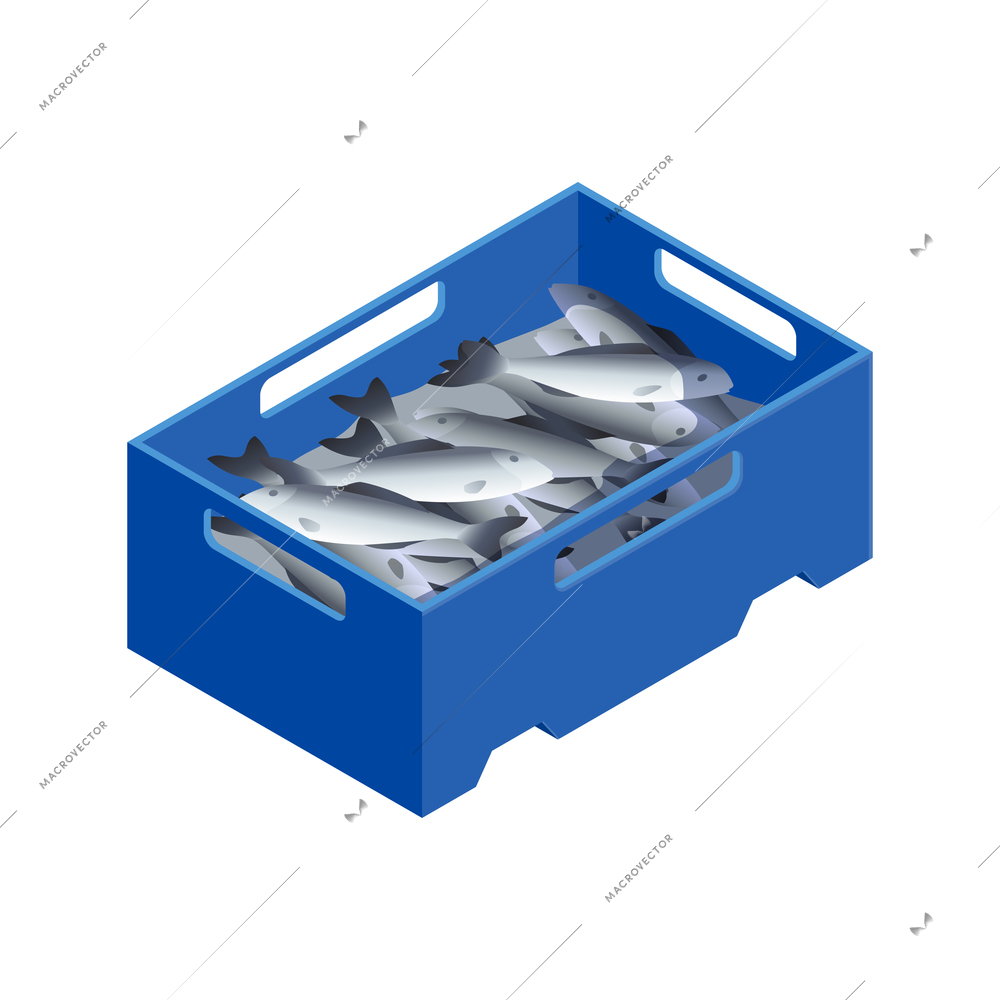 Fish industry seafood production isometric composition with isolated image of blue plastic box filled with fishes vector illustration