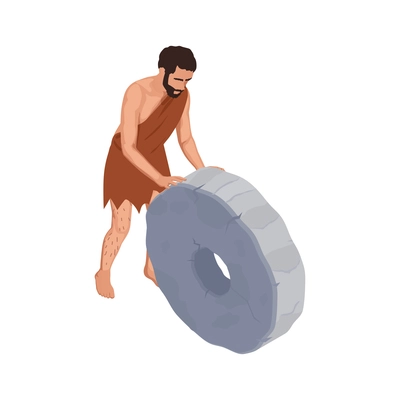 Caveman prehistoric primitive people composition with isolated character of ancient man pulling stone wheel vector illustration