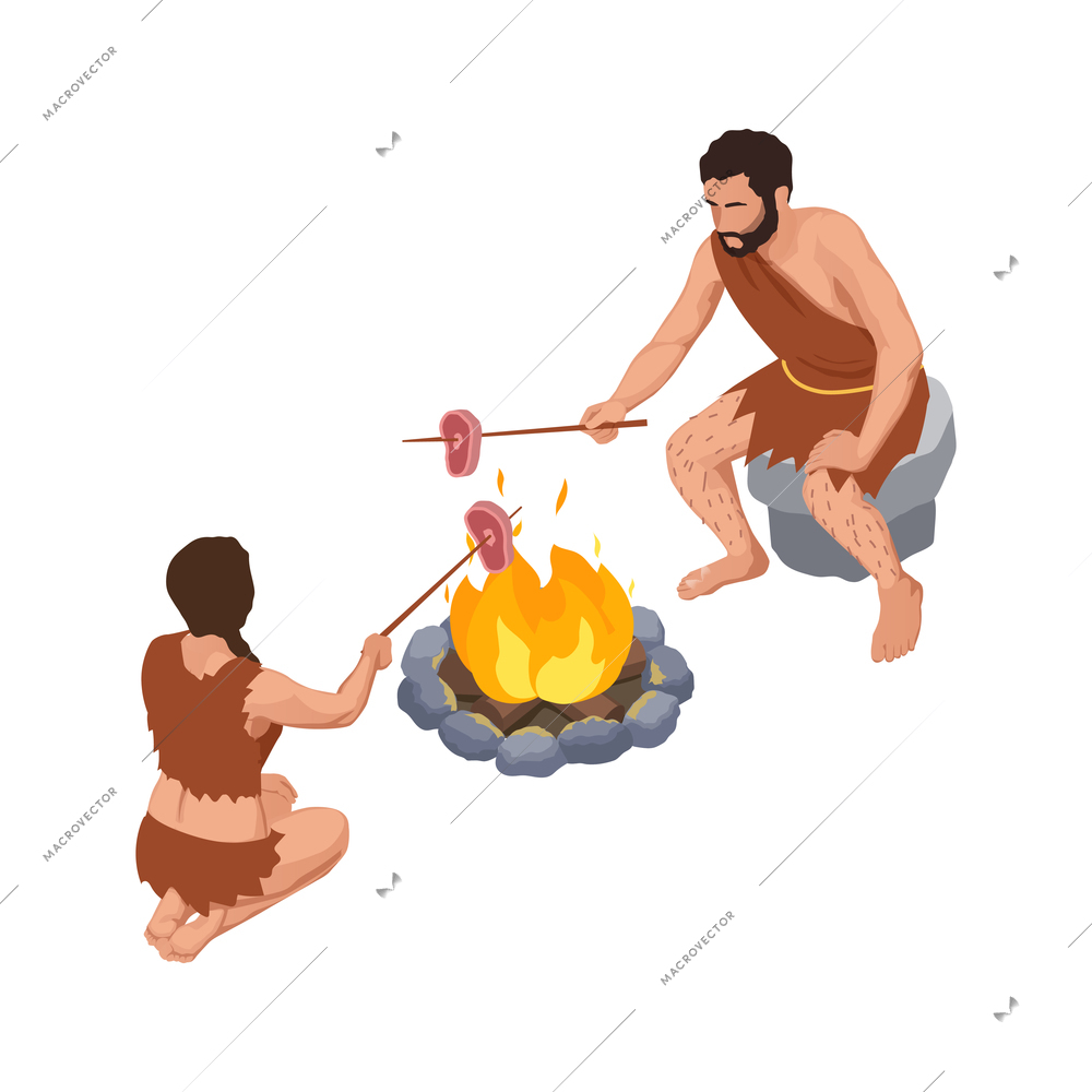 Caveman prehistoric primitive people composition with isolated character of ancient men broiling slices of meat on bonfire vector illustration