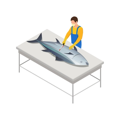 Fish industry seafood production isometric composition with isolated image of fish on table cut by worker vector illustration