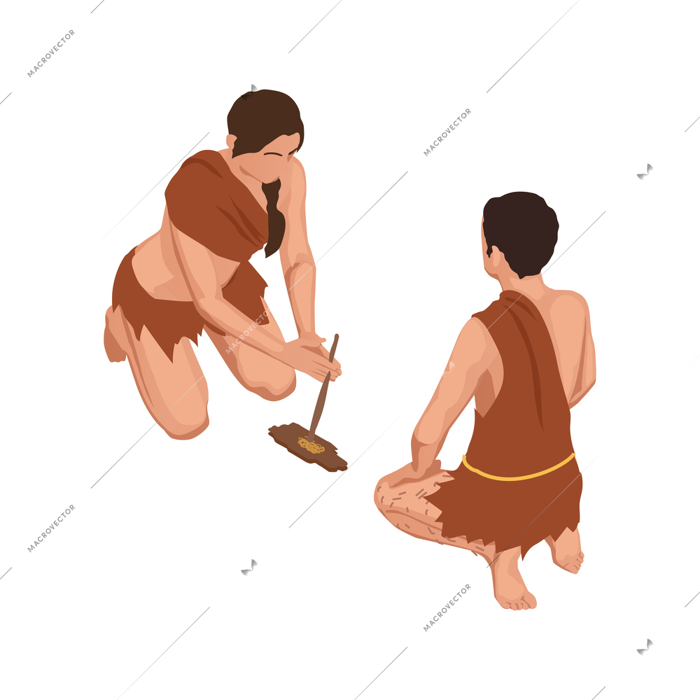 Caveman prehistoric primitive people composition with isolated characters of ancient people getting light by striking flint vector illustration