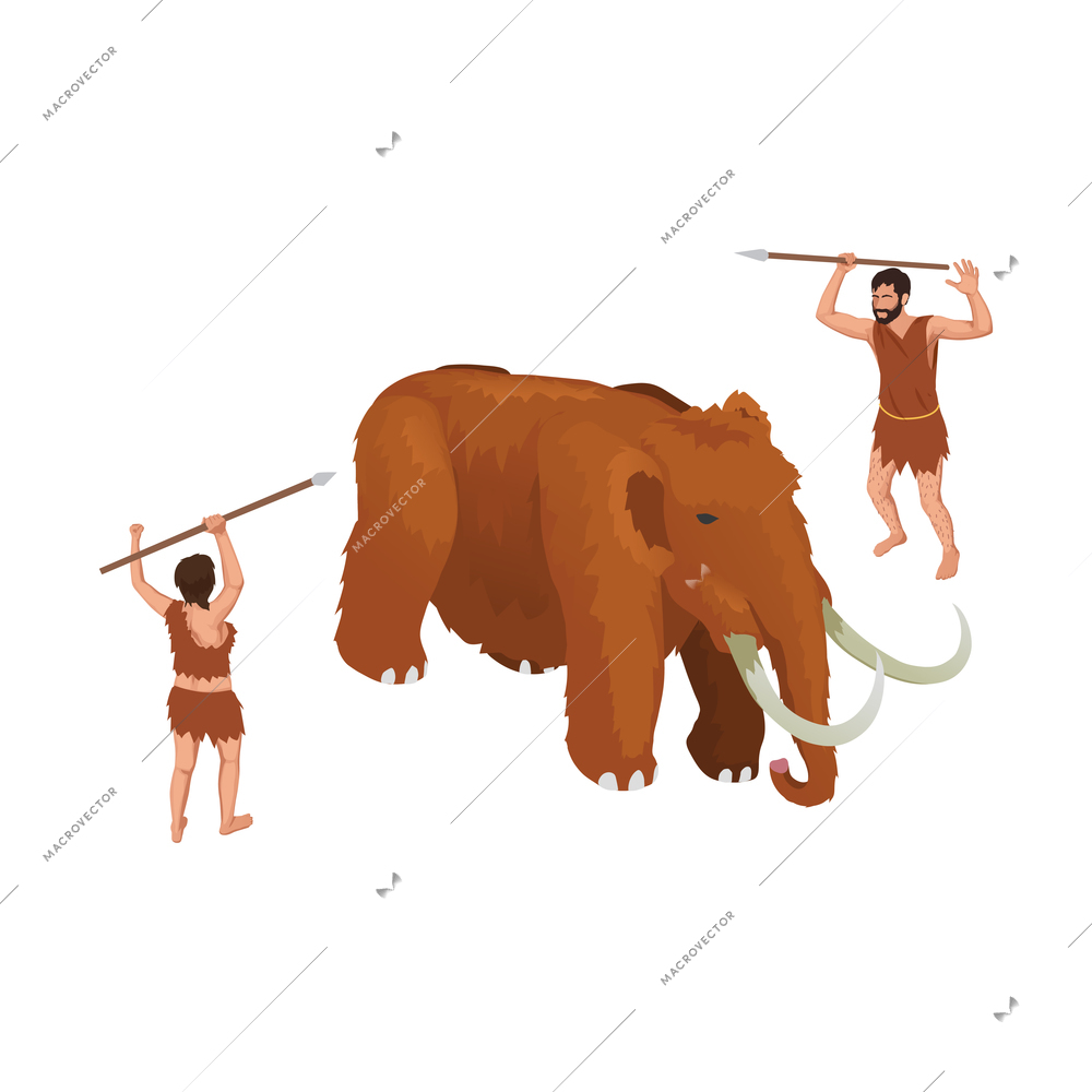 Caveman prehistoric primitive people composition with isolated characters of ancient men holding spears with mammoth vector illustration