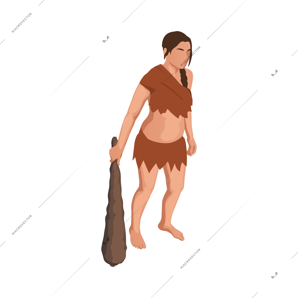 Caveman prehistoric primitive people composition with isolated character of ancient woman armed with jawbone vector illustration